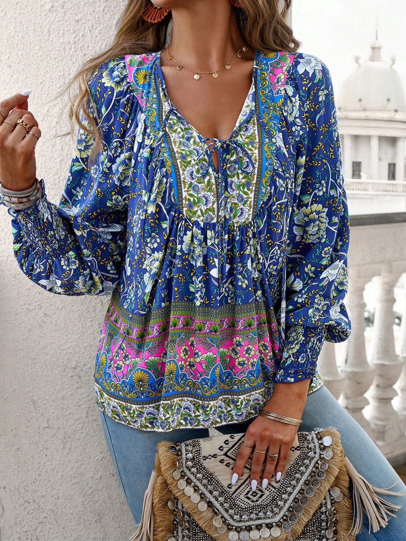 Emilia Vintage Floral V-Neck Blouse