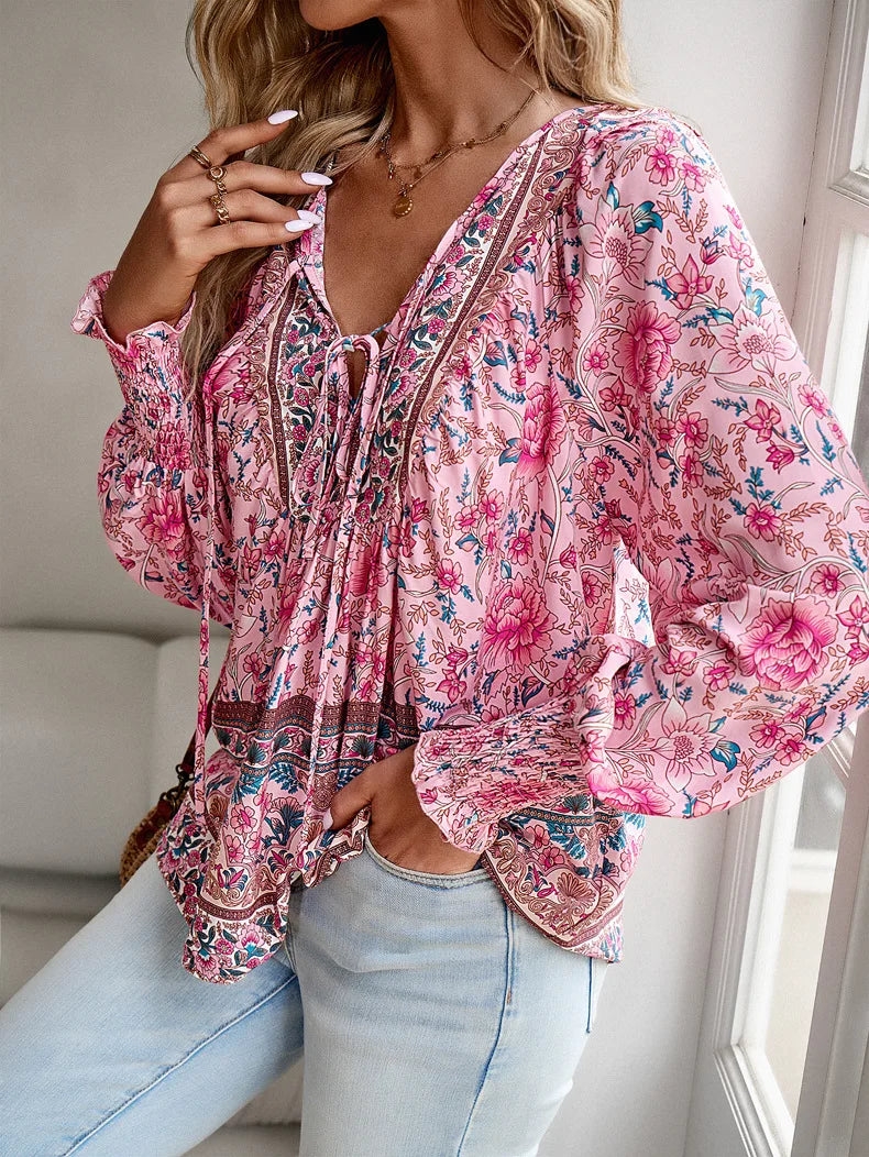 Emilia Vintage Floral V-Neck Blouse