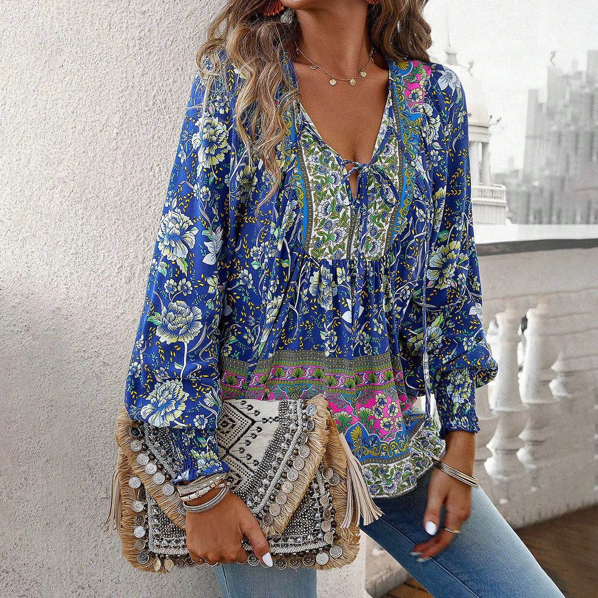 Emilia Vintage Floral V-Neck Blouse