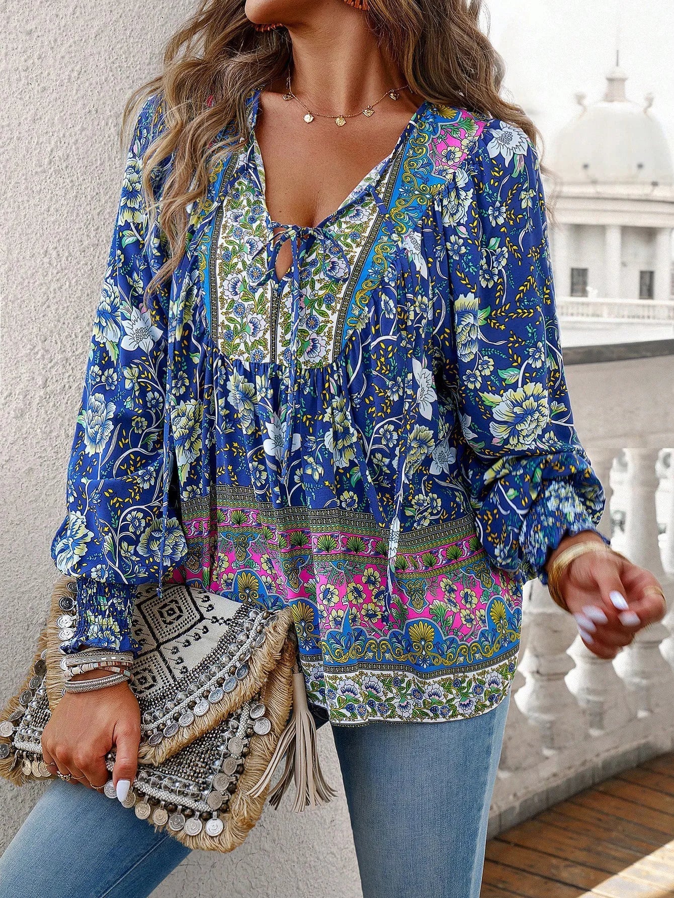 Emilia Vintage Floral V-Neck Blouse