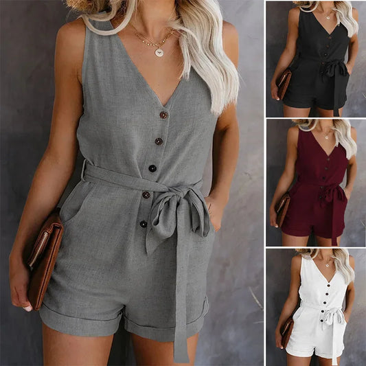 Casual V-Hals Monochromatische Jumpsuit Voor Dames, Vijfpuntsbroek, Europees En Amerikaans, Zomer, Nieuw, 2024